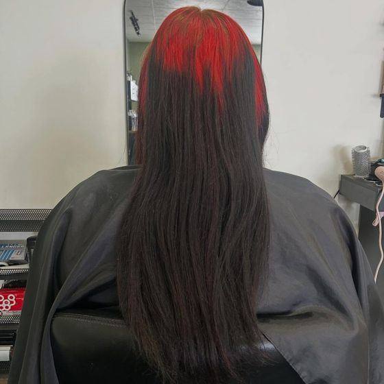 Hidden red peekaboo, all the fun, none of the commitment — Mane Escape Studio, Benwood WV